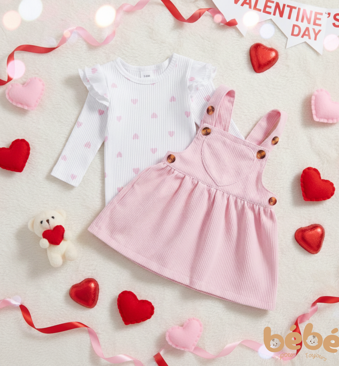 Ensemble bébé fille cœur & salopette - 2 pièces (0 à 18 mois) | Adorable