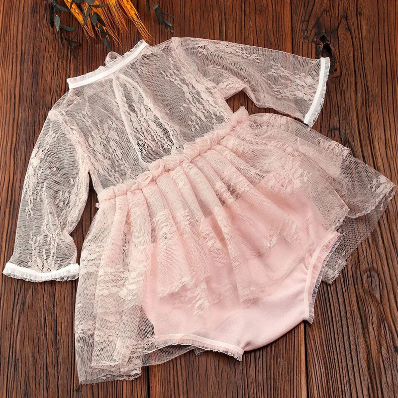 Robe Barboteuse Dentelle Fille – Ensemble Photo Nouveau-Né Complet™
