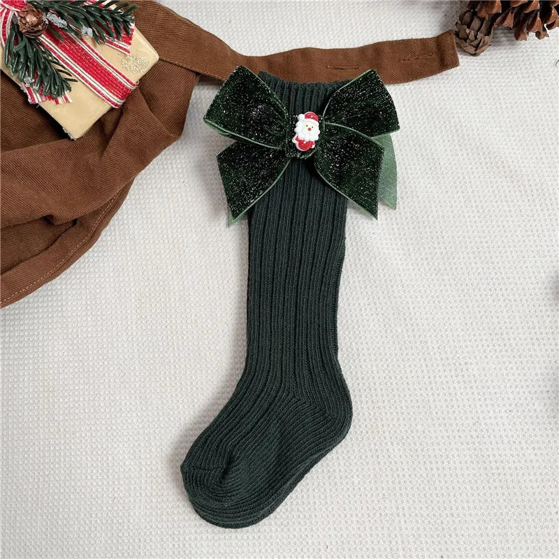 Chaussettes de Noël bébé fille garçon vert sapin avec grand nœud – Chaussettes hautes