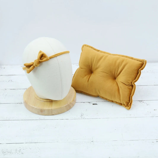 Coussin Velours Or & Bandeau Nœud – Prop Luxe Nouveau-Né™