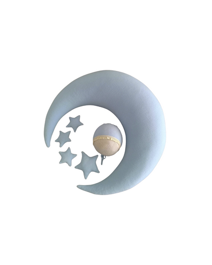 Set Moon Bleu (Coussin Croissant + Étoiles + Bonnet) – Prop Newborn™