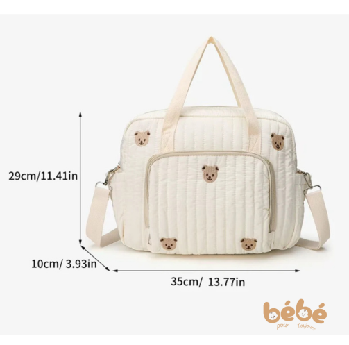 Sac à langer chic en nylon brodé oursons - Sac bandoulière bébé avec attache poussette | Élégance