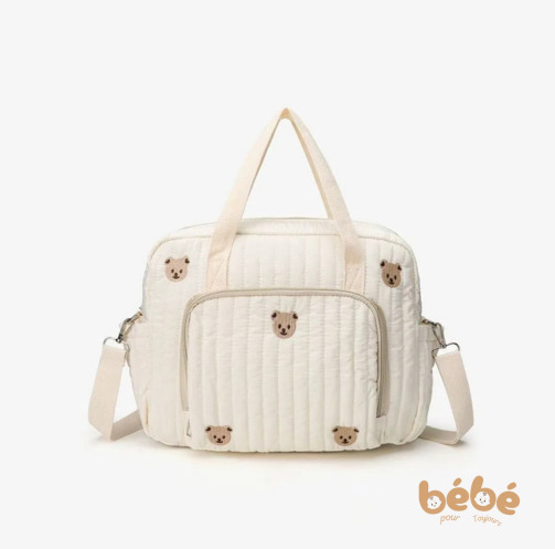 Sac à langer chic en nylon brodé oursons - Sac bandoulière bébé avec attache poussette | Élégance