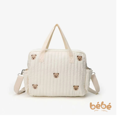 Sac à langer chic en nylon brodé oursons - Sac bandoulière bébé avec attache poussette | Élégance