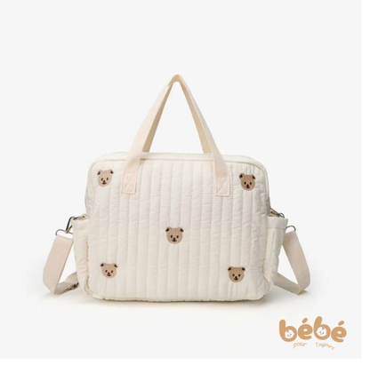 Sac à langer chic en nylon brodé oursons - Sac bandoulière bébé avec attache poussette | Élégance