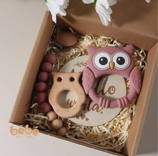 Coffret Hochet Bébé Hibou Silicone & Bois – Cadeau Naissance Sensoriel Naturel