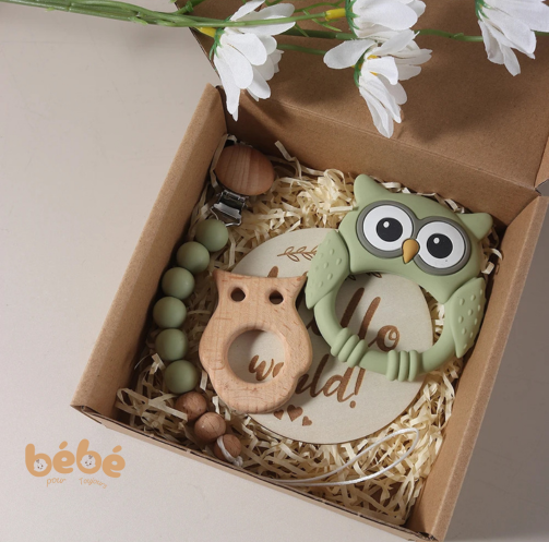 Coffret Hochet Bébé Hibou Silicone & Bois – Cadeau Naissance Sensoriel Naturel