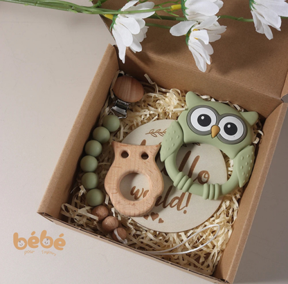 Coffret Hochet Bébé Hibou Silicone & Bois – Cadeau Naissance Sensoriel Naturel