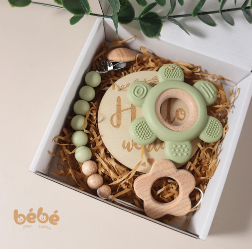 Coffret Cadeau Bébé Dentition Silicone & Bois – Set Naissance Fleur & Attache Tétine