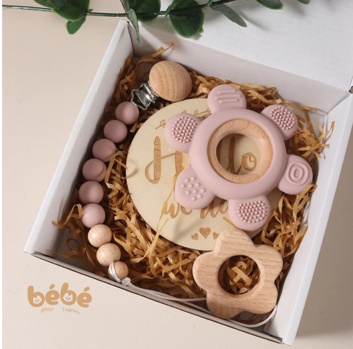 Coffret Cadeau Bébé Dentition Silicone & Bois – Set Naissance Fleur & Attache Tétine