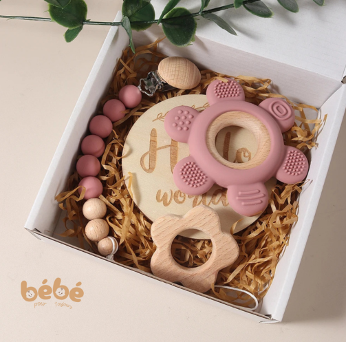 Coffret Cadeau Bébé Dentition Silicone & Bois – Set Naissance Fleur & Attache Tétine
