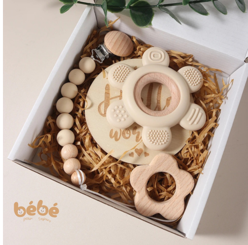 Coffret Cadeau Bébé Dentition Silicone & Bois – Set Naissance Fleur & Attache Tétine