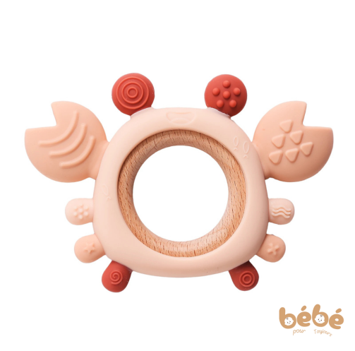Anneau de Dentition Bébé Crabe en Silicone & Bois – BPA Free, Soulagement Gencives 0-6 Mois