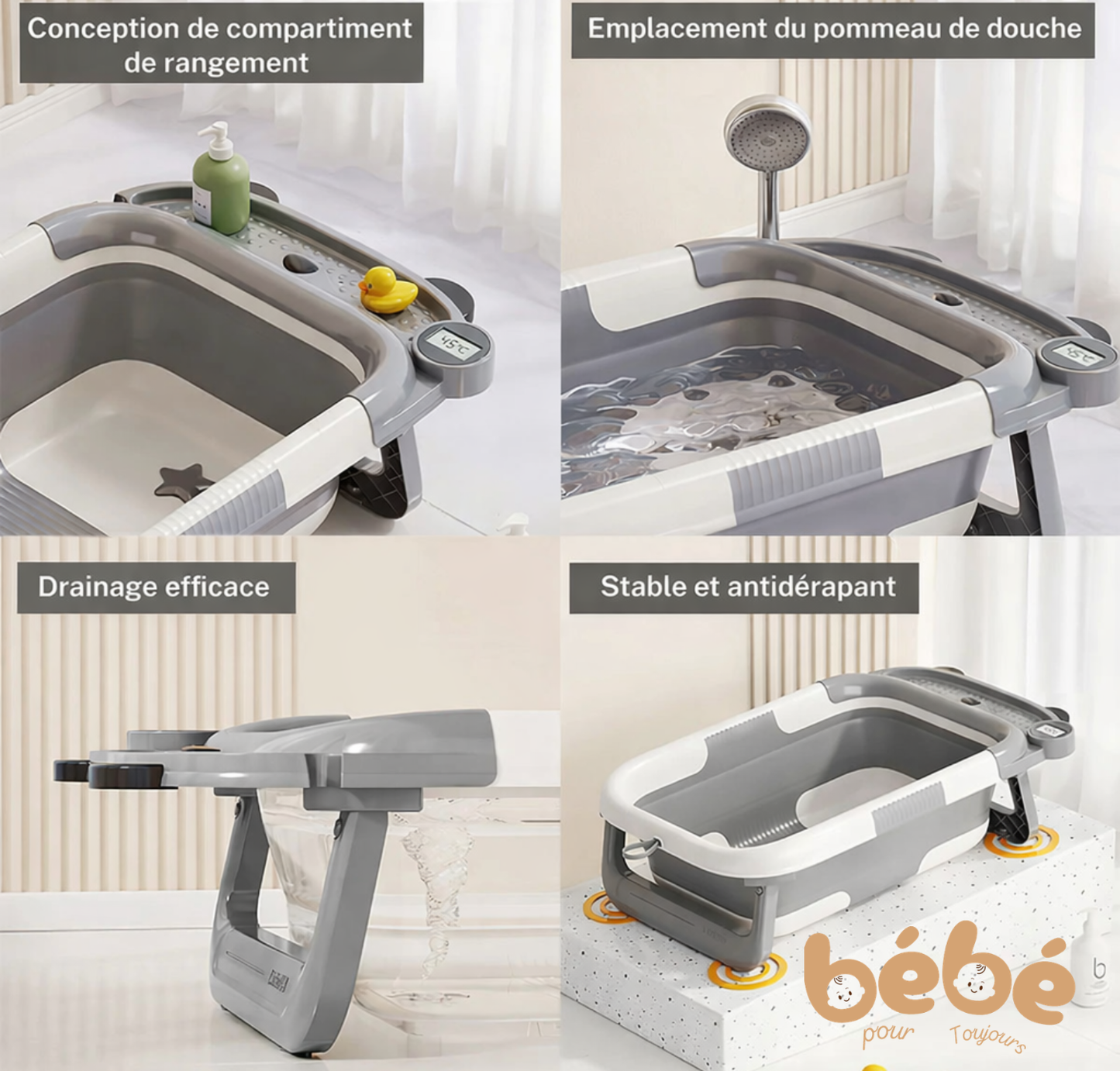 Baignoire Portable Antidérapante Pliable avec Thermomètre