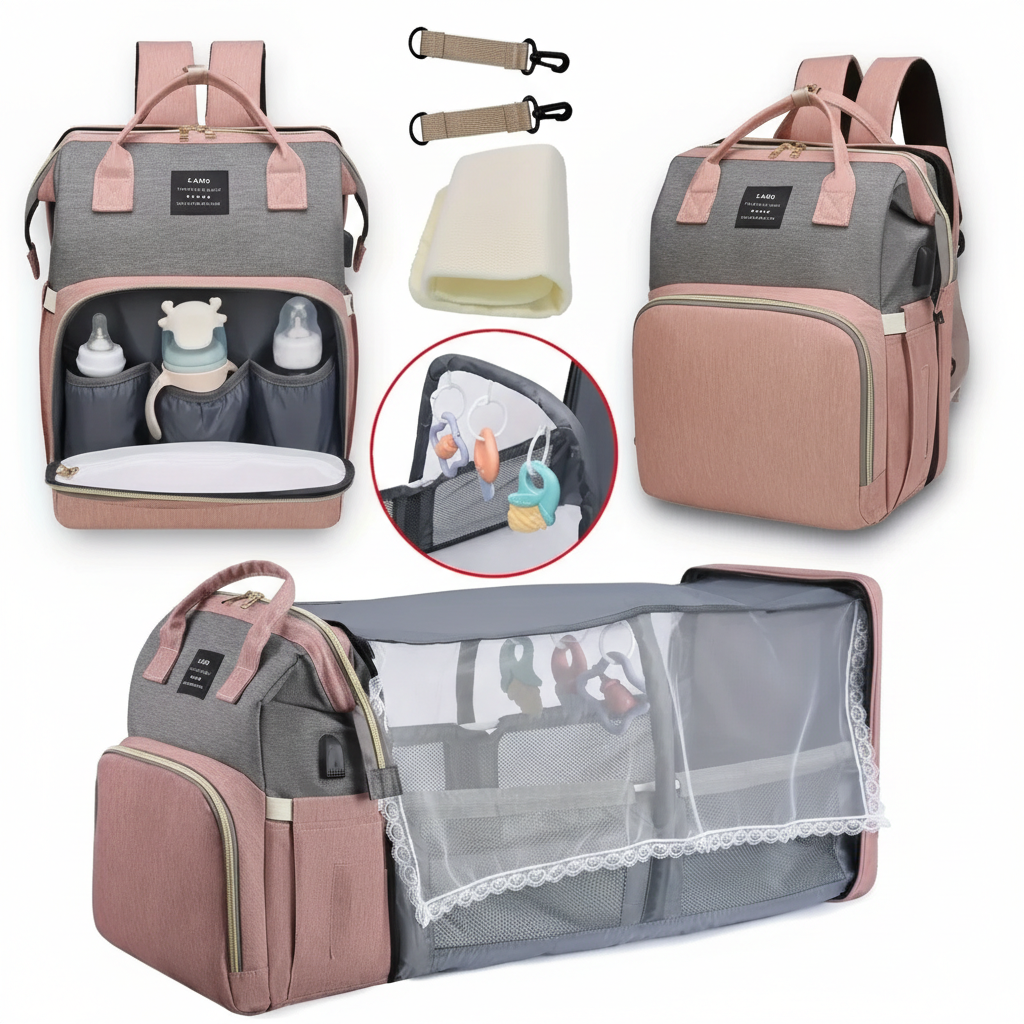 Sac à langer multifonction- Rose pale- avec lit bébé intégré