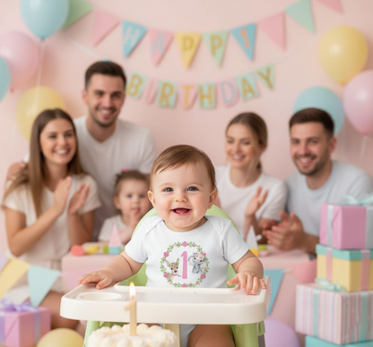Body Bébé Anniversaire en Coton – Motif Éléphant et Couronne de Fleurs