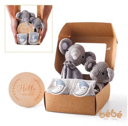 Coffret Cadeau Bébé Naissance Hochet Crochet - Elephant