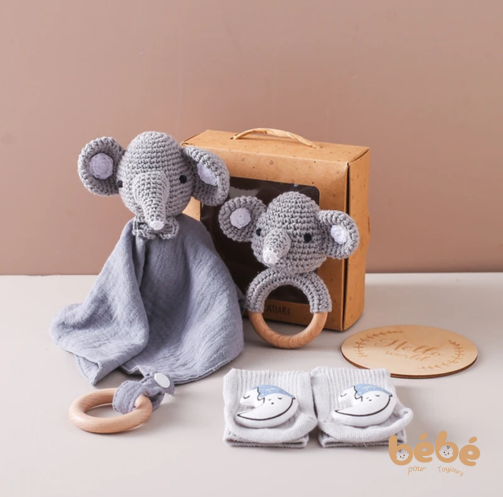 Coffret Cadeau Bébé Naissance Hochet Crochet - Elephant