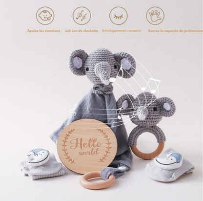 Coffret Cadeau Bébé Naissance Hochet Crochet - Elephant