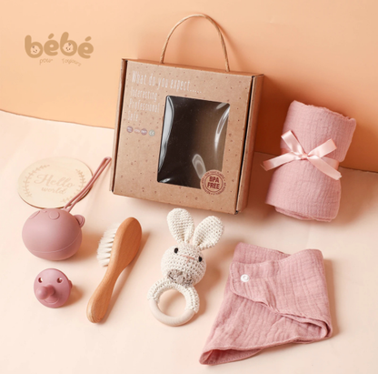 Coffret Cadeau Naissance Bébé Premium – Set Hochet Crochet & Accessoires Bois Naturel