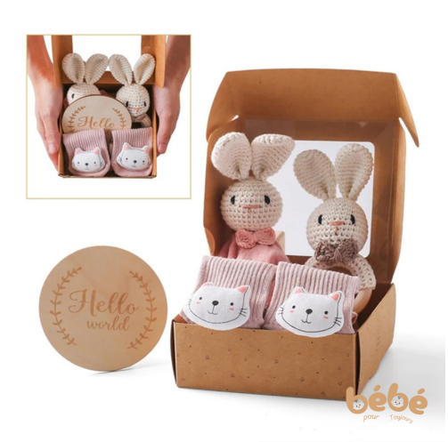 Coffret Cadeau Naissance Hochet Bois & Peluche Lapin Crochet