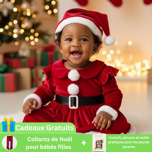 Robe Noël Bébé Fille Velours Rouge – Ensemble Mère Noël avec Chapeau | Douillet
