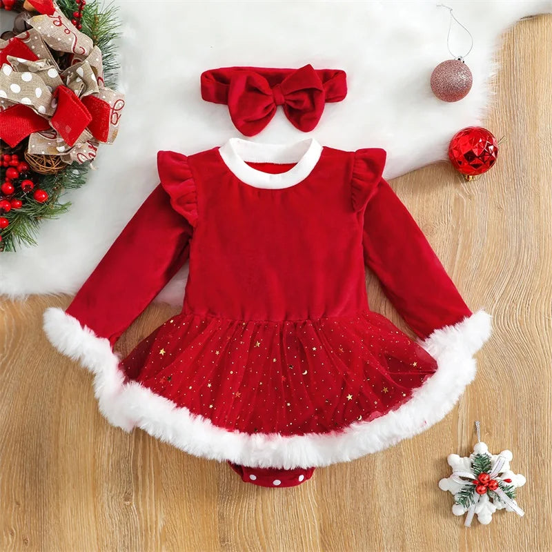 Robe de Noël Bébé Fille – Ensemble Velours Rouge &amp; Nœud Chic