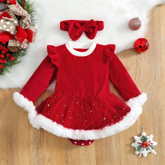 Robe de Noël Bébé Fille – Ensemble Velours Rouge &amp; Nœud Chic