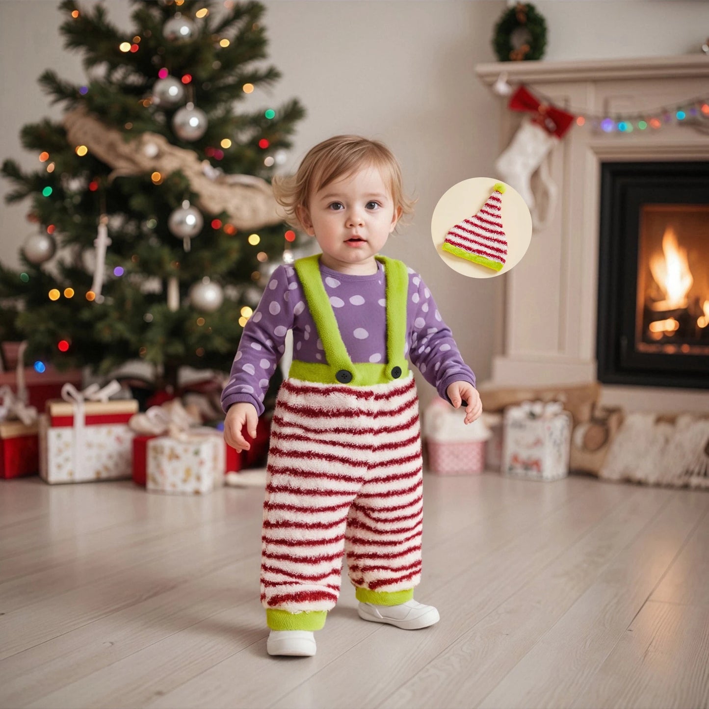 Ensemble Lutin Doux – Salopette Rayée & Bonnet de Noël Ultra Douillet