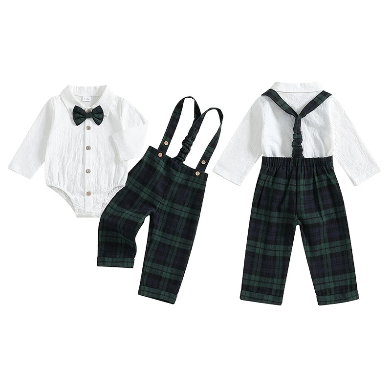 Ensemble Noël Bébé Garçon – Romper Blanc & Pantalon Suspendu à Carreaux