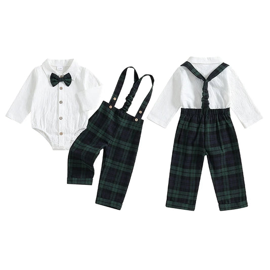 Ensemble Noël Bébé Garçon – Romper Blanc & Pantalon Suspendu à Carreaux
