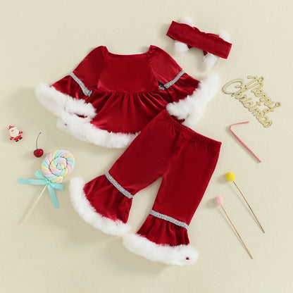 Ensemble Fillette Noël Velours – Haut Doux à Fourrure & Pantalon Évasé Festif