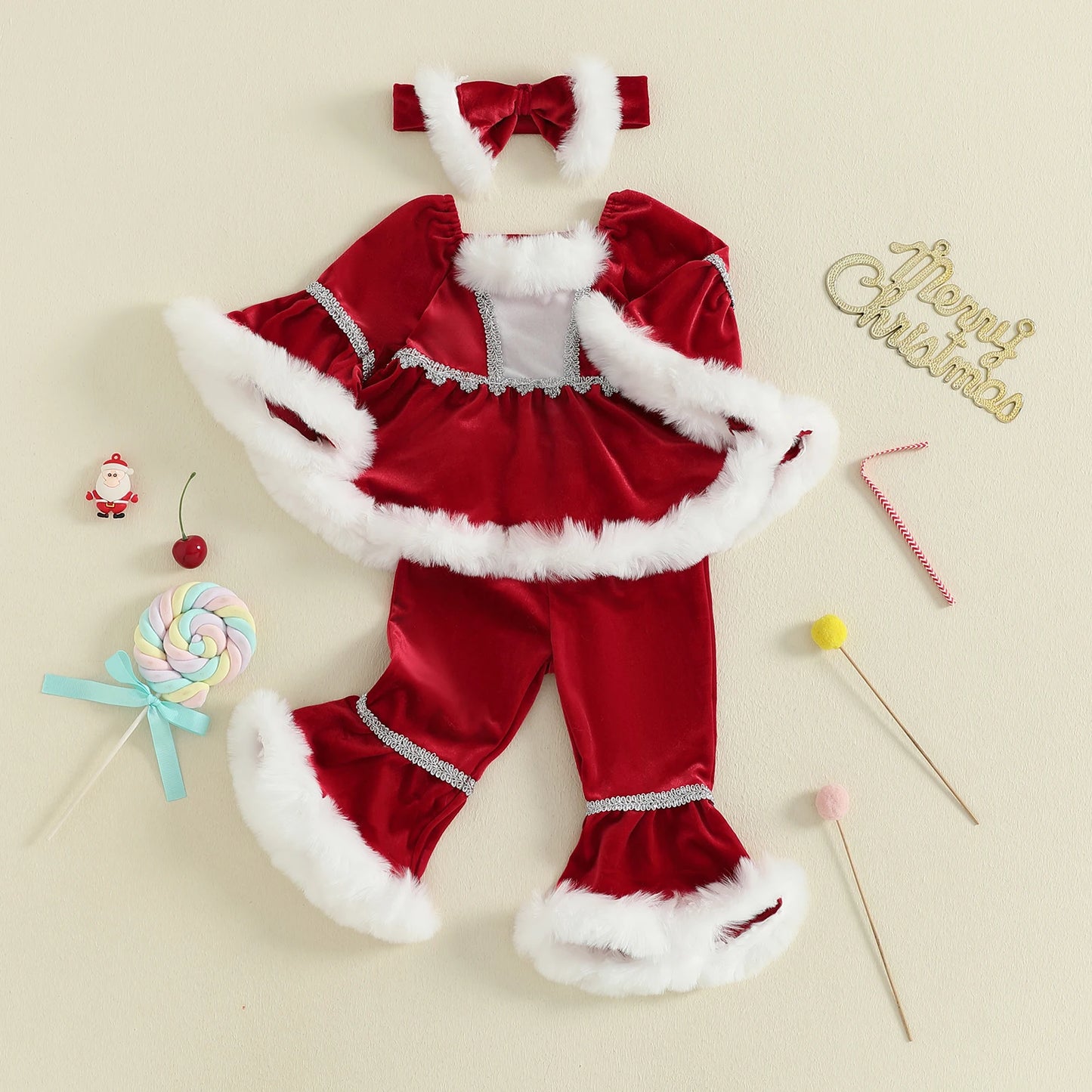 Ensemble Fillette Noël Velours – Haut Doux à Fourrure & Pantalon Évasé Festif