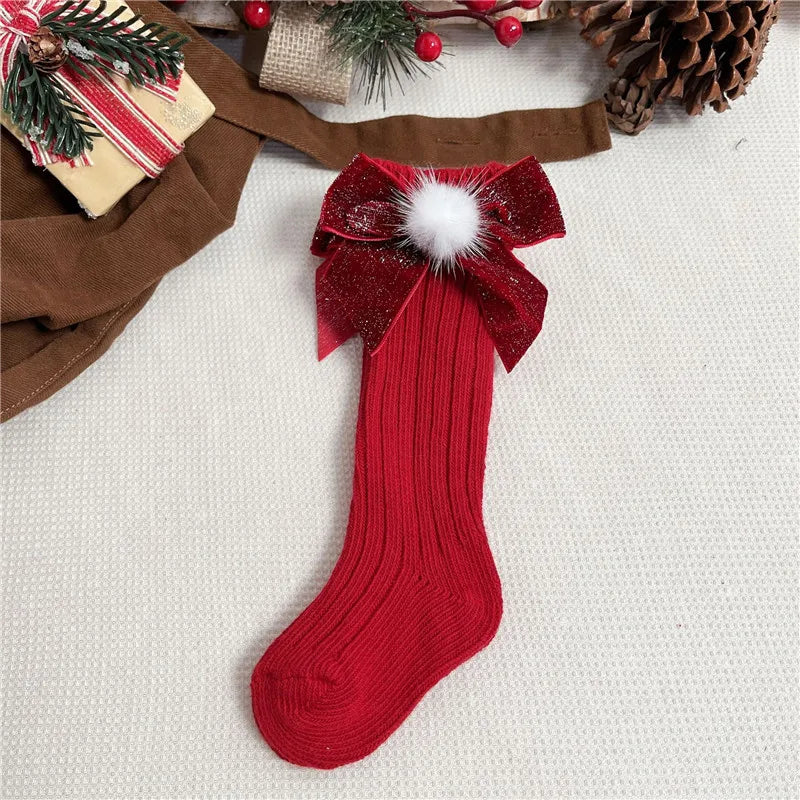 Chaussettes de Noël Rouge Velours | Bas Longs Enfant Festifs
