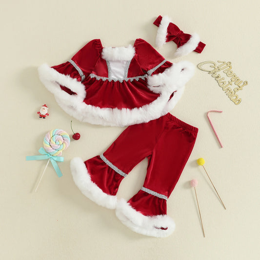 Ensemble Fillette Noël Velours – Haut Doux à Fourrure & Pantalon Évasé Festif