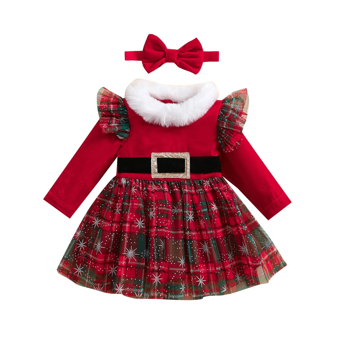 Robe de Noël bébé fille avec col fourrure et jupe tutu à carreaux + bandeau | Festive