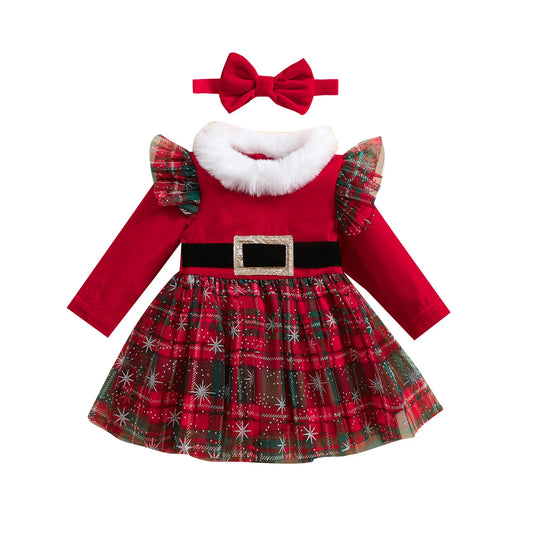 Robe de Noël bébé fille avec col fourrure et jupe tutu à carreaux + bandeau | Festive
