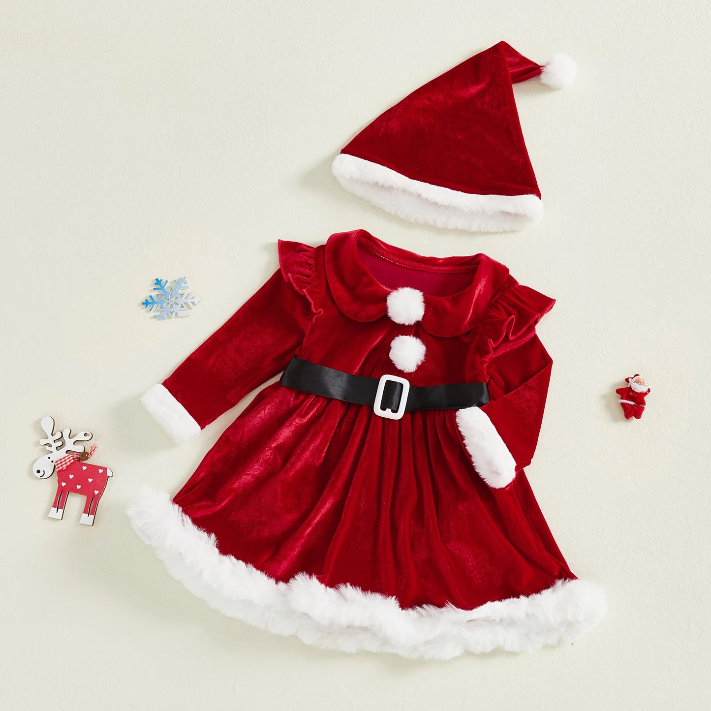 Robe Noël Bébé Fille Velours Rouge – Ensemble Mère Noël avec Chapeau | Douillet