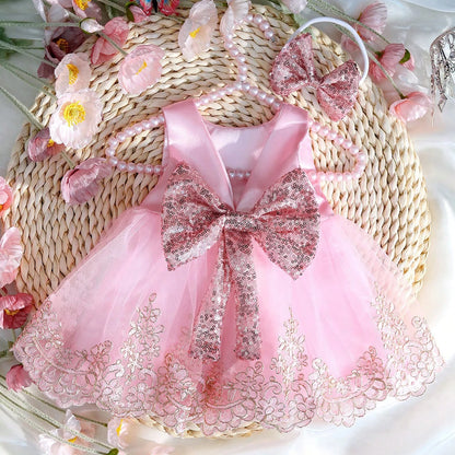 Robe Dentelle Nœud + Bandeau Pailleté – Tenue Princesse Photo Bébé™