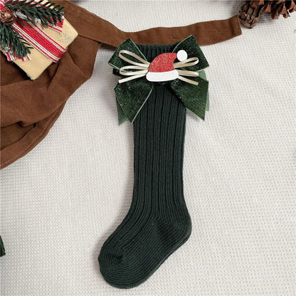 Chaussettes de Noël bébé fille garçon vert sapin avec grand nœud – Chaussettes hautes