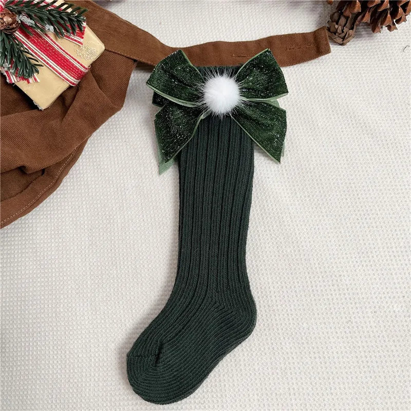 Chaussettes de Noël bébé fille garçon vert sapin avec grand nœud – Chaussettes hautes