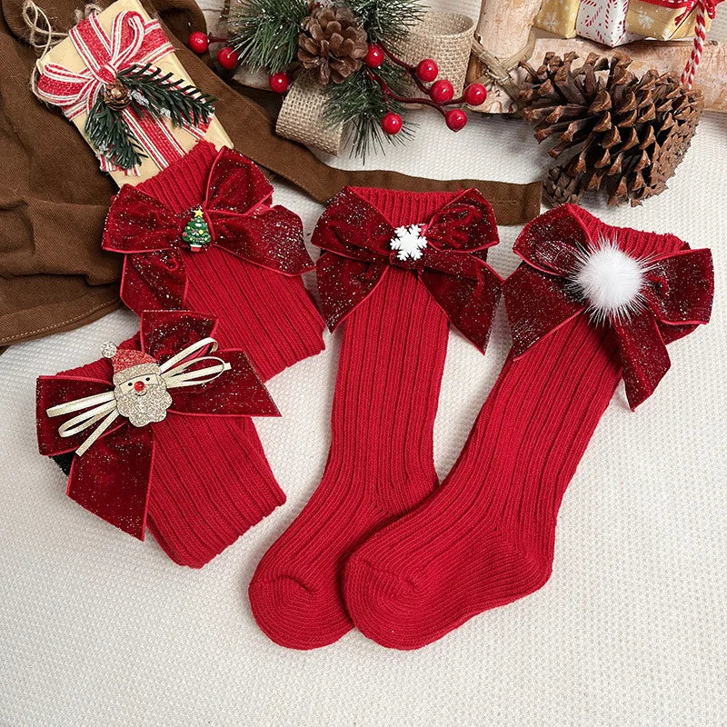 Chaussettes de Noël Rouge Velours | Bas Longs Enfant Festifs