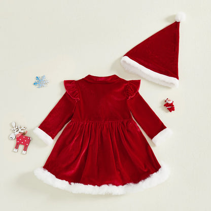 Robe Noël Bébé Fille Velours Rouge – Ensemble Mère Noël avec Chapeau | Douillet