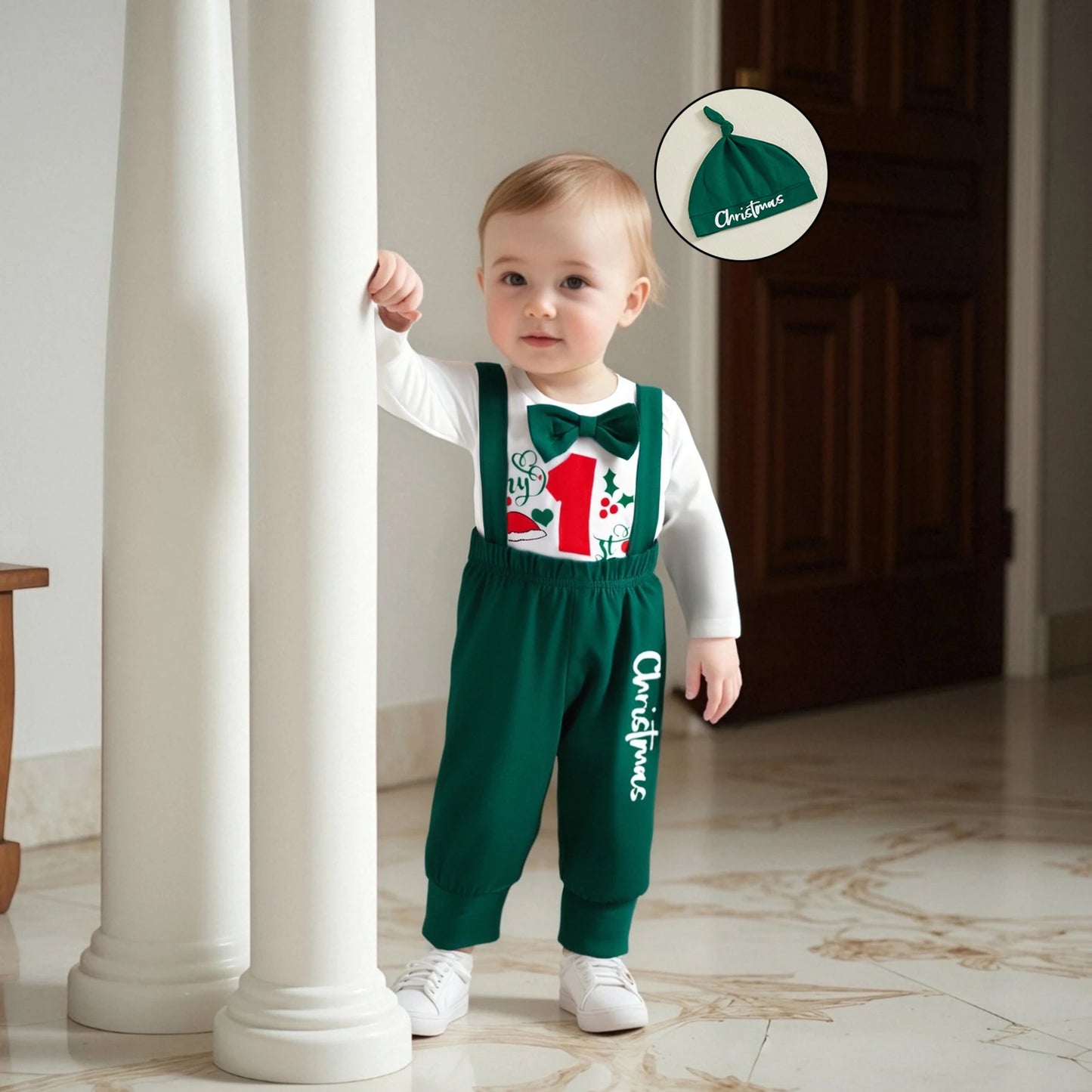 Set Bébé Spécial Noël – Body Illustré & Pantalon à Bretelles