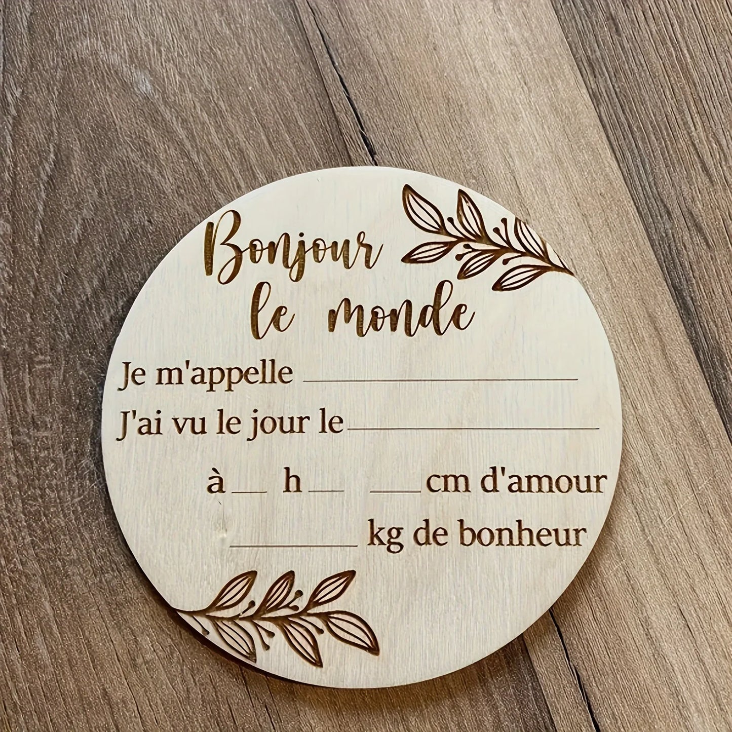 Plaque en bois « Bonjour le monde » – Souvenir de naissance | Éternel