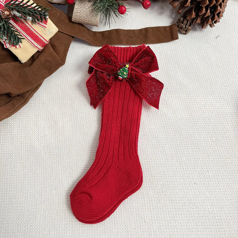 Chaussettes de Noël Rouge Velours | Bas Longs Enfant Festifs