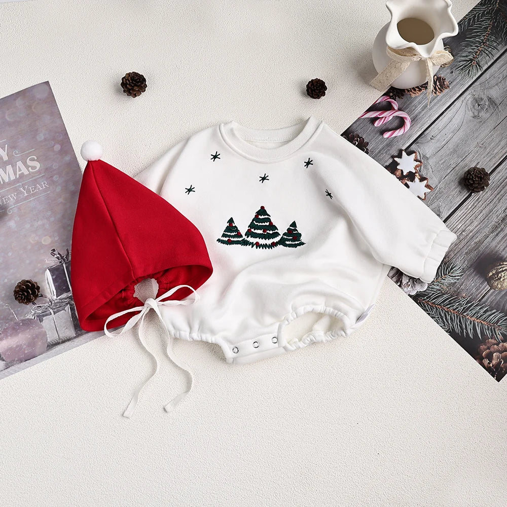 Body de Noël bébé avec bonnet rouge - doublure chaude et sapins brodés