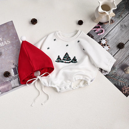 Body de Noël bébé avec bonnet rouge - doublure chaude et sapins brodés