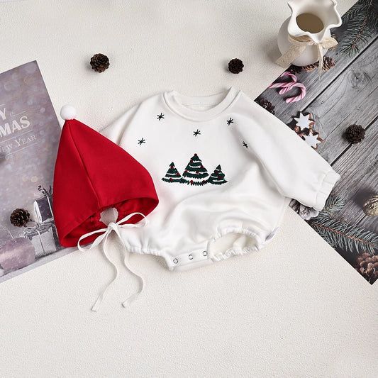 Body de Noël bébé avec bonnet rouge - doublure chaude et sapins brodés