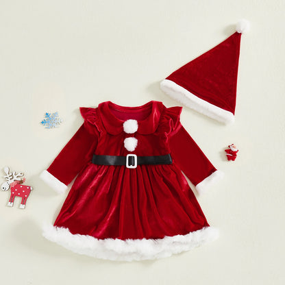 Robe Noël Bébé Fille Velours Rouge – Ensemble Mère Noël avec Chapeau | Douillet
